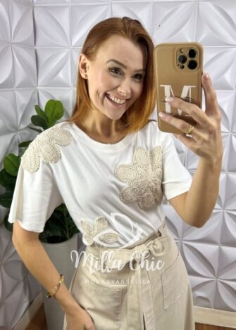 Blusa Com Aplicação Crochê Branca - Milla Chic