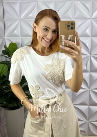 Blusa Com Aplicação Crochê Branca - Milla Chic