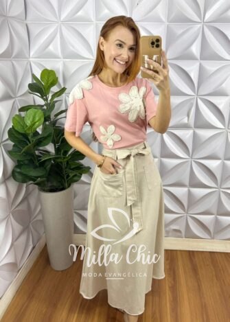 Blusa Com Aplicação Crochê Rosa - Milla Chic