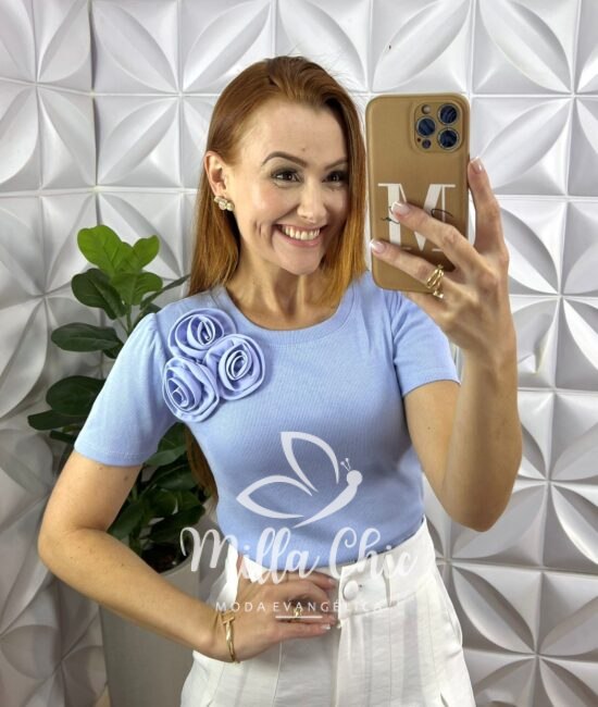 Blusa Flor Canelado De Viscose - Azul - Milla Chic