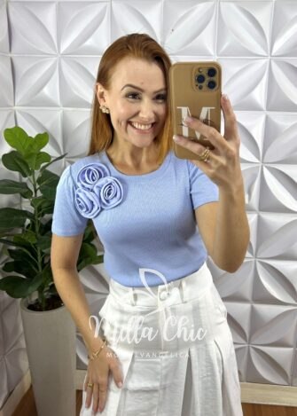 Blusa Flor Canelado De Viscose - Azul - Milla Chic