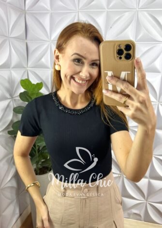 Blusa Canelado De Viscose - Preto - Milla Chic