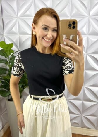 Blusa Maiami Malha Algodão Bordado Crochê - Preto - Milla Chic