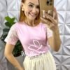 Blusa Maiami Malha Algodão Bordado Crochê - Rosa - Milla Chic