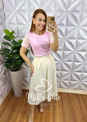 Milla Chic - millachic com br blusa maiami malha algodao bordado croche rosa Blusa Maiami Malha Algodão Bordado Crochê - Rosa - Milla Chic