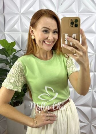 Blusa Maiami Malha Algodão Bordado Crochê - Verde - Milla Chic