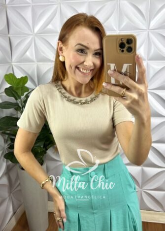 Blusa Milla Com Pedrarias Canelada De Viscose - Azul - Milla Chic