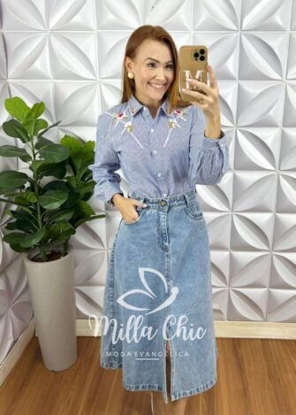 Blusa Milla Com Pedrarias Canelada De Viscose - Azul - Milla Chic