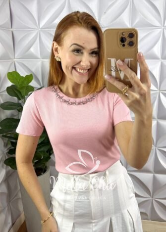 Blusa Milla Com Pedrarias Canelada De Viscose - Rosa - Milla Chic