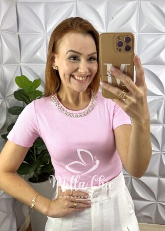 Blusa Milla Com Pedrarias Canelada De Viscose - Rosa - Milla Chic