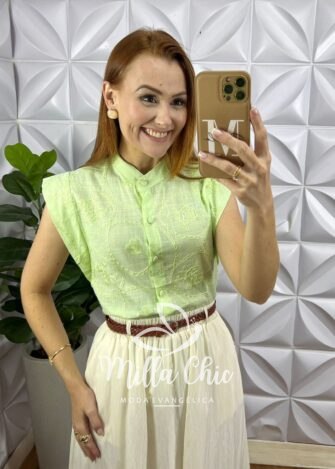 Milla Chic - millachic com br camisa gerbera cambraia linho 1 Camisa Gérbera Cambraia Linho - Verde - Milla Chic