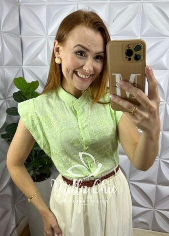 Milla Chic - millachic com br camisa gerbera cambraia linho 2 Camisa Gérbera Cambraia Linho - Verde - Milla Chic