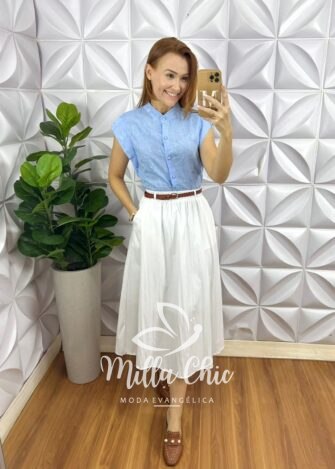 Camisa Gérbera Cambraia Linho - Azul - Milla Chic