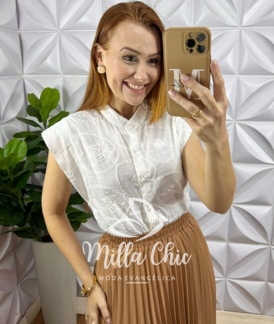 Camisa Gérbera Cambraia Linho - Branco - Milla Chic