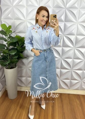 Camisa Mileide Tricoline Listrada E Bordado - Milla Chic