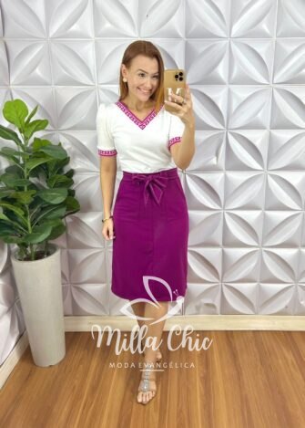 Conjunto Bahamas Saia Reta Com Detalhes De Preposto Blusa De Punho Na Gola E Manga - Branco Com Roxo - Milla Chic