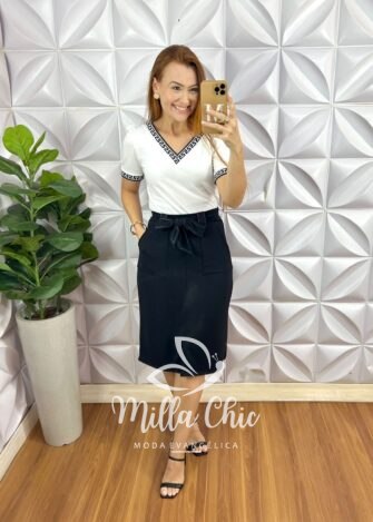 Conjunto Bahamas Saia Reta Com Detalhes De Preposto Blusa De Punho Na Gola E Manga - Branco Preto - Milla Chic