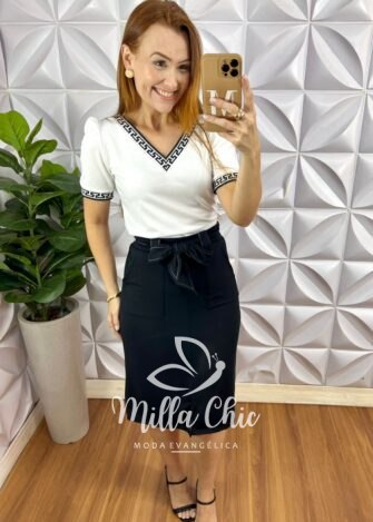 Conjunto Bahamas Saia Reta Com Detalhes De Preposto Blusa De Punho Na Gola E Manga - Branco Preto - Milla Chic