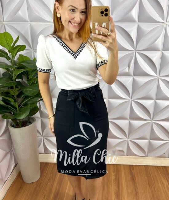 Conjunto Bahamas Saia Reta Com Detalhes De Preposto Blusa De Punho Na Gola E Manga - Branco Preto - Milla Chic