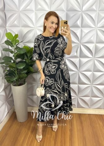 Conjunto Riviera Blusa Com Elástico E Saia Envelope Com Detalhes Na Lateral - Preto Estampado - Milla Chic