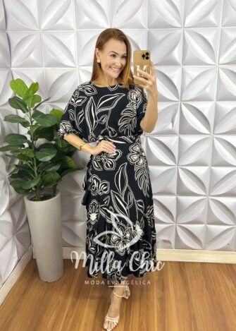 Conjunto Riviera Blusa Com Elástico E Saia Envelope Com Detalhes Na Lateral - Preto Estampado - Milla Chic