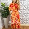 Conjunto Riviera Blusa Com Elástico E Saia Envelope Com Detalhes Na Lateral - Laranja Estampado - Milla Chic