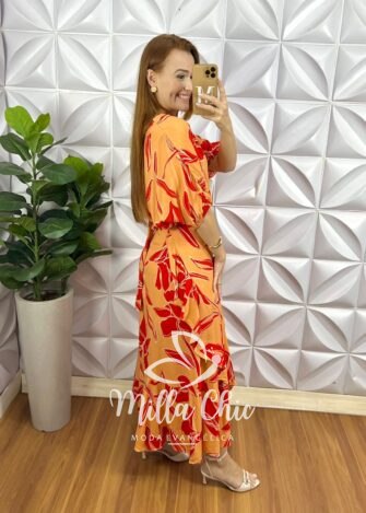 Conjunto Riviera Blusa Com Elástico E Saia Envelope Com Detalhes Na Lateral - Laranja Estampado - Milla Chic