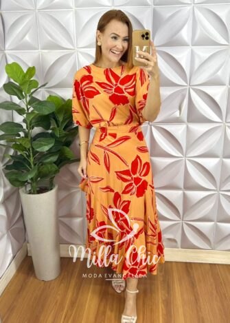 Conjunto Riviera Blusa Com Elástico E Saia Envelope Com Detalhes Na Lateral - Laranja Estampado - Milla Chic