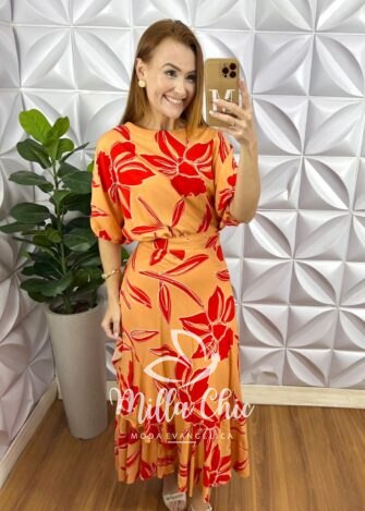 Conjunto Riviera Blusa Com Elástico E Saia Envelope Com Detalhes Na Lateral - Laranja Estampado - Milla Chic