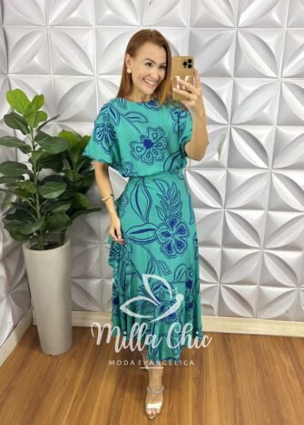 Conjunto Riviera Blusa Com Elástico E Saia Envelope Com Detalhes Na Lateral - Azul Estampado - Milla Chic