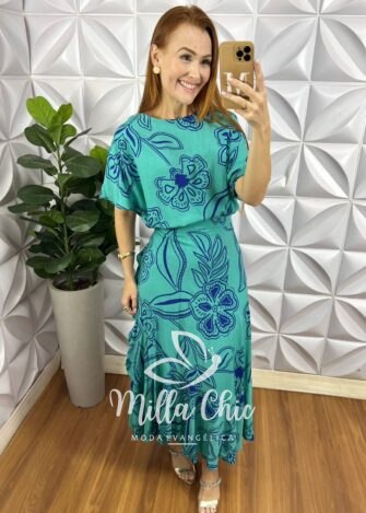 Conjunto Riviera Blusa Com Elástico E Saia Envelope Com Detalhes Na Lateral - Azul Estampado - Milla Chic