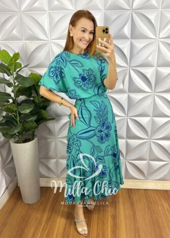 Conjunto Riviera Blusa Com Elástico E Saia Envelope Com Detalhes Na Lateral - Azul Estampado - Milla Chic