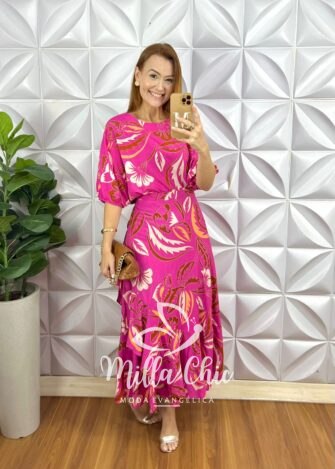 Conjunto Riviera Blusa Com Elástico E Saia Envelope Com Detalhes Na Lateral - Rosa Estampado - Milla Chic