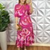 Conjunto Riviera Blusa Com Elástico E Saia Envelope Com Detalhes Na Lateral - Rosa Estampado - Milla Chic