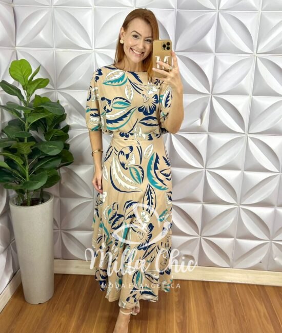 Conjunto Riviera  Blusa Com Elastico  E Saia Envelope Com Detalhes Na Lateral -  Bege Estampado - Milla Chic
