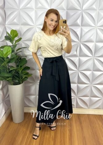 Saia Em Linho Monalisa Preta - Milla Chic