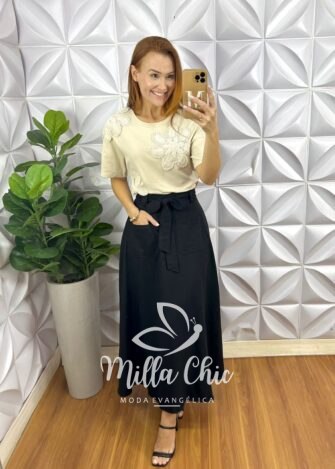 Saia Em Linho Monalisa Preta - Milla Chic