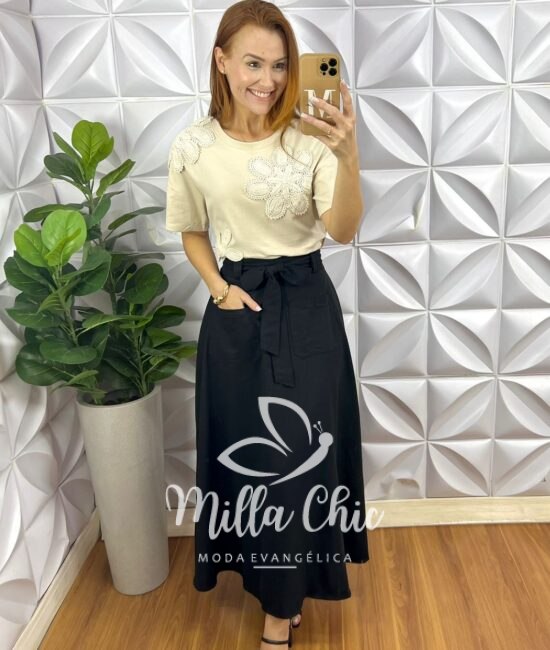 Saia Em Linho Monalisa Preta - Milla Chic