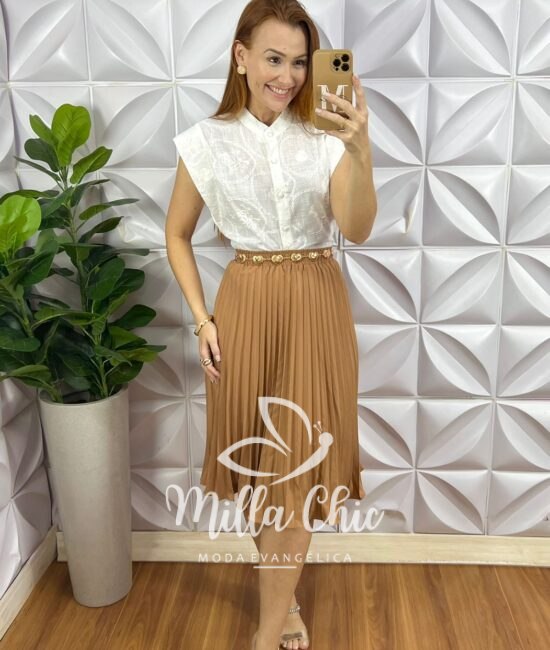 Saia Plissada Lady Crepinho - Marrom - Milla Chic