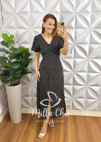 Milla Chic - millachic com br vestido camelia viscolinho listrado preto 1 Vestido Camélia Viscolinho listrado -  Preto - Milla Chic