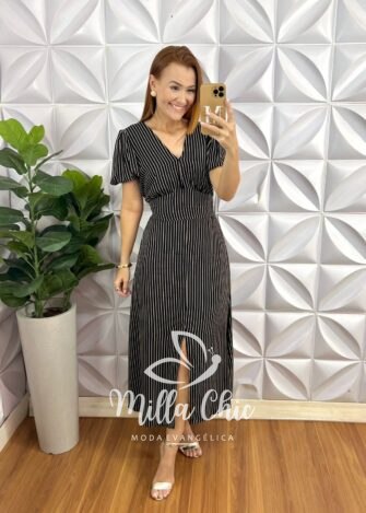 Vestido Camélia Viscolinho listrado -  Preto - Milla Chic