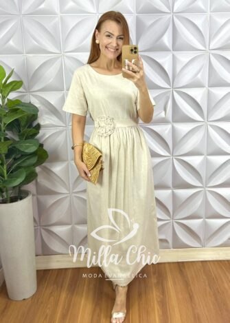 Vestido Constância Linho - Areia - Milla Chic