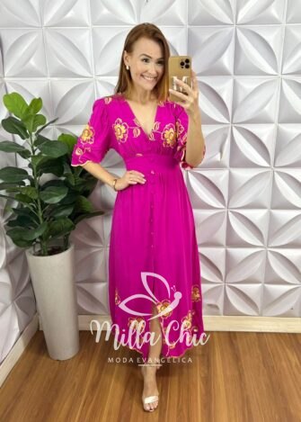 Vestido Frida viscose bordada em 3D - Milla Chic