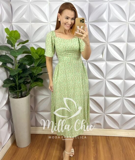 Vestido Geórgia Viscolinho Estampada liberty  - Menta - Milla Chic
