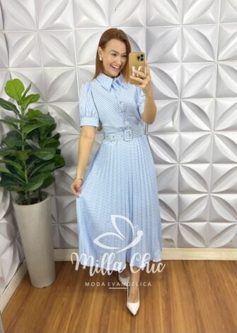 Vestido Mediterrâneo Saia Plissada Com Todos Os Bodões Funcionais E Perolados Aconpanha Cinto Encapado- Azul - Milla Chic