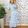 Vestido Mediterrâneo Saia Plissada Com Todos Os Bodões Funcionais E Perolados Aconpanha Cinto Encapado- Azul - Milla Chic