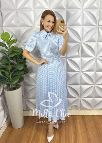 Milla Chic - millachic com br vestido mediterraneo saia plissada com todos os bodoes funcionais e perolados aconpanha cinto encapado azul 2 Vestido Mediterrâneo Saia Plissada Com Todos Os Bodões Funcionais E Perolados Aconpanha Cinto Encapado- Azul - Milla Chic