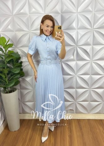 Milla Chic - millachic com br vestido mediterraneo saia plissada com todos os bodoes funcionais e perolados aconpanha cinto encapado azul 3 Vestido Mediterrâneo Saia Plissada Com Todos Os Bodões Funcionais E Perolados Aconpanha Cinto Encapado- Azul - Milla Chic