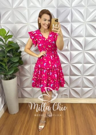 Vestido Romênia Crepinho Estampado - Pink - Milla Chic