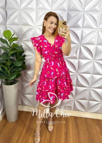 Vestido Romênia Crepinho Estampado - Pink - Milla Chic